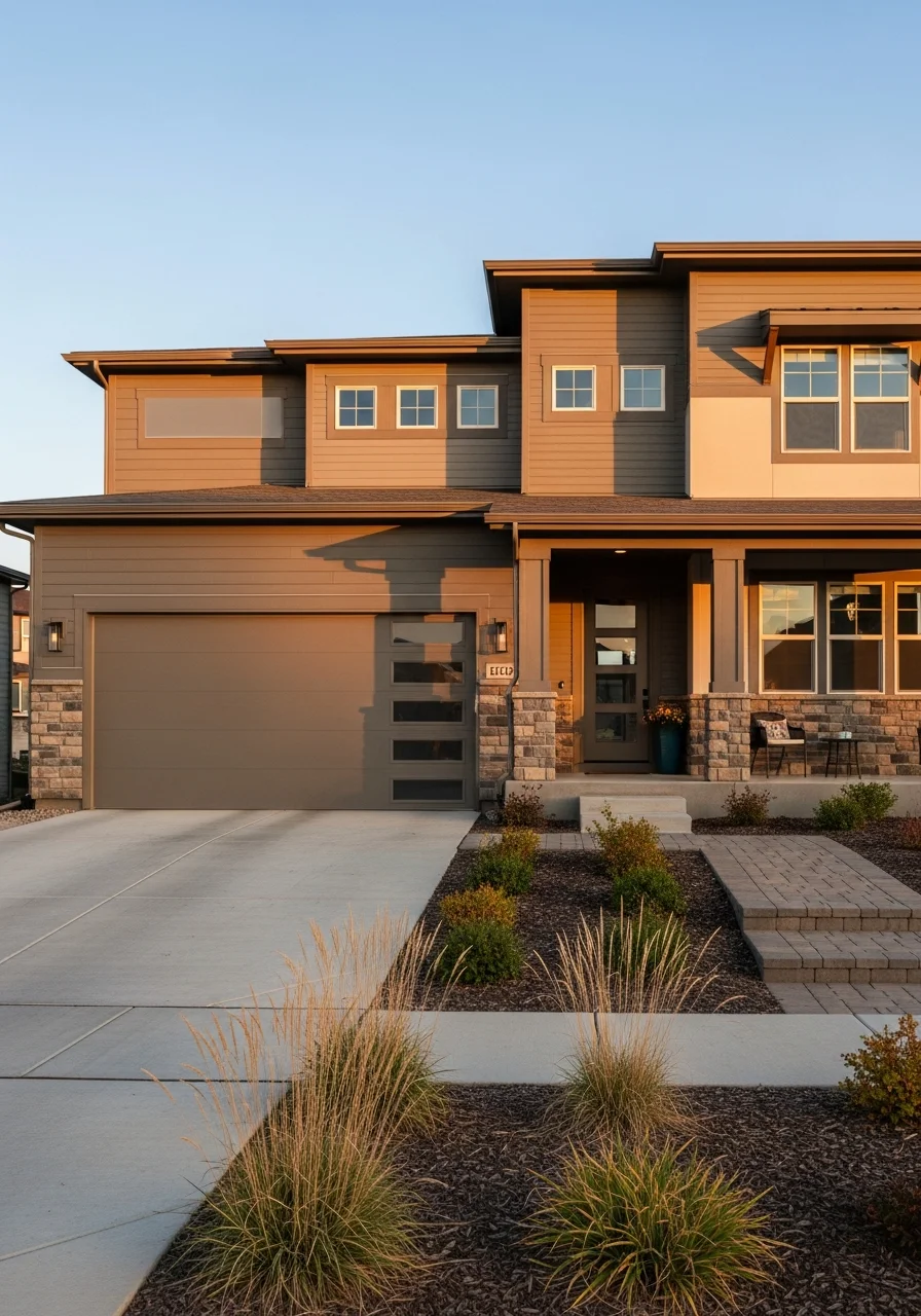 Castle Rock homeowner greeting service technician at driveway of modern two-story home.