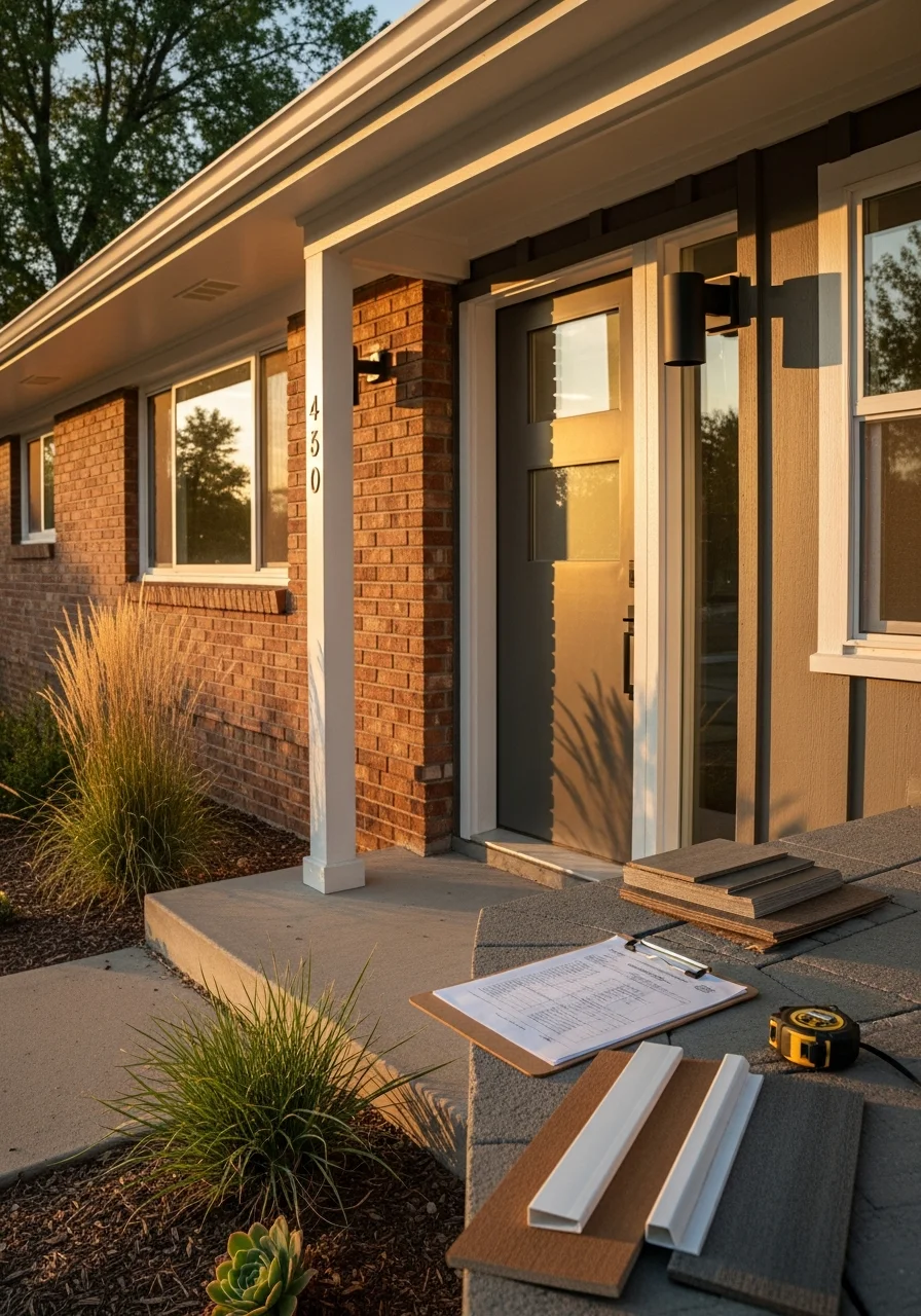 Denver service professional with clipboard reviewing work on modern urban home exterior.