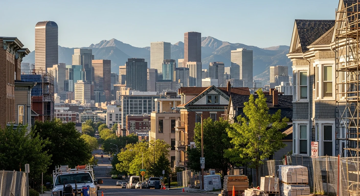 Denver downtown skyline with Rocky Mountains in background and urban residential buildings.