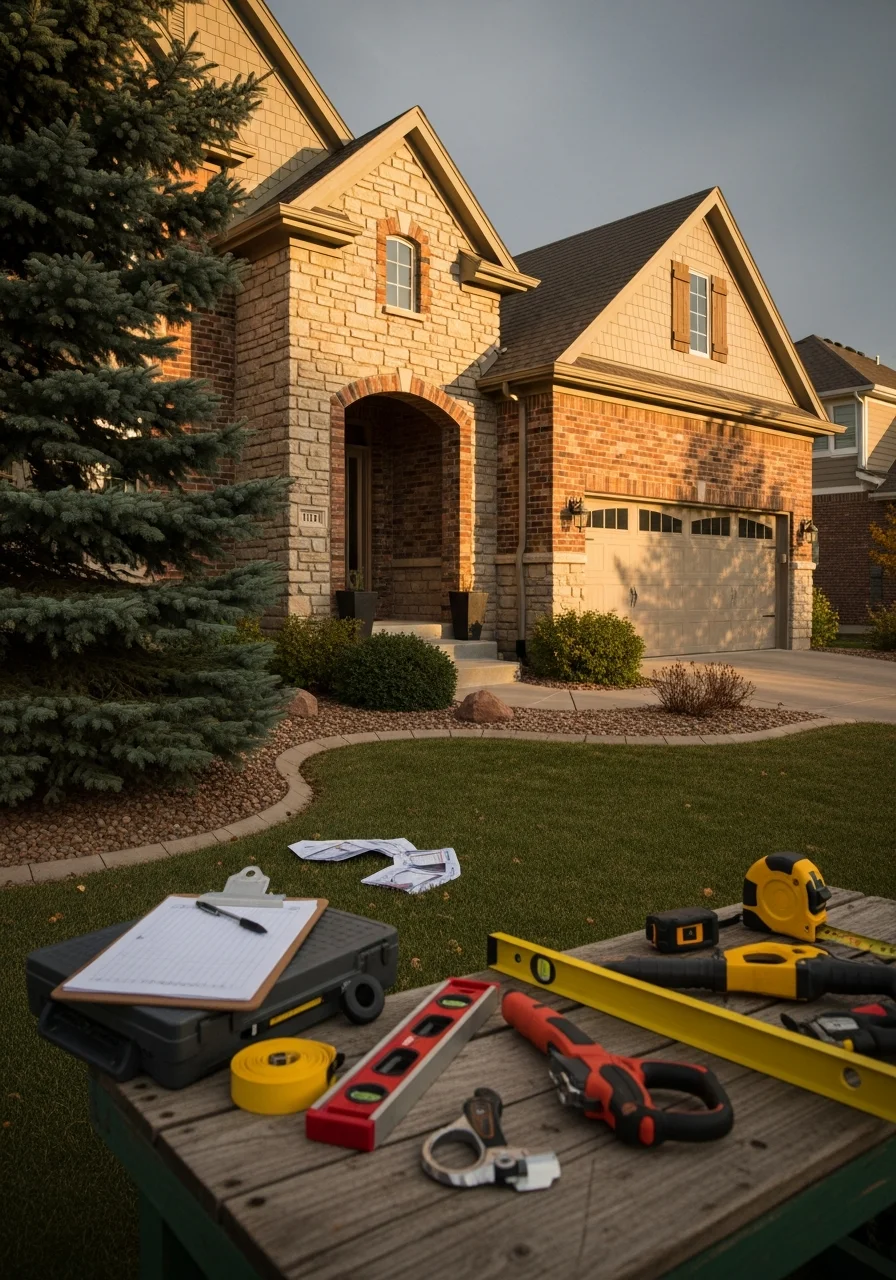 Highlands Ranch homeowner and service professional discussing property maintenance at home entrance.