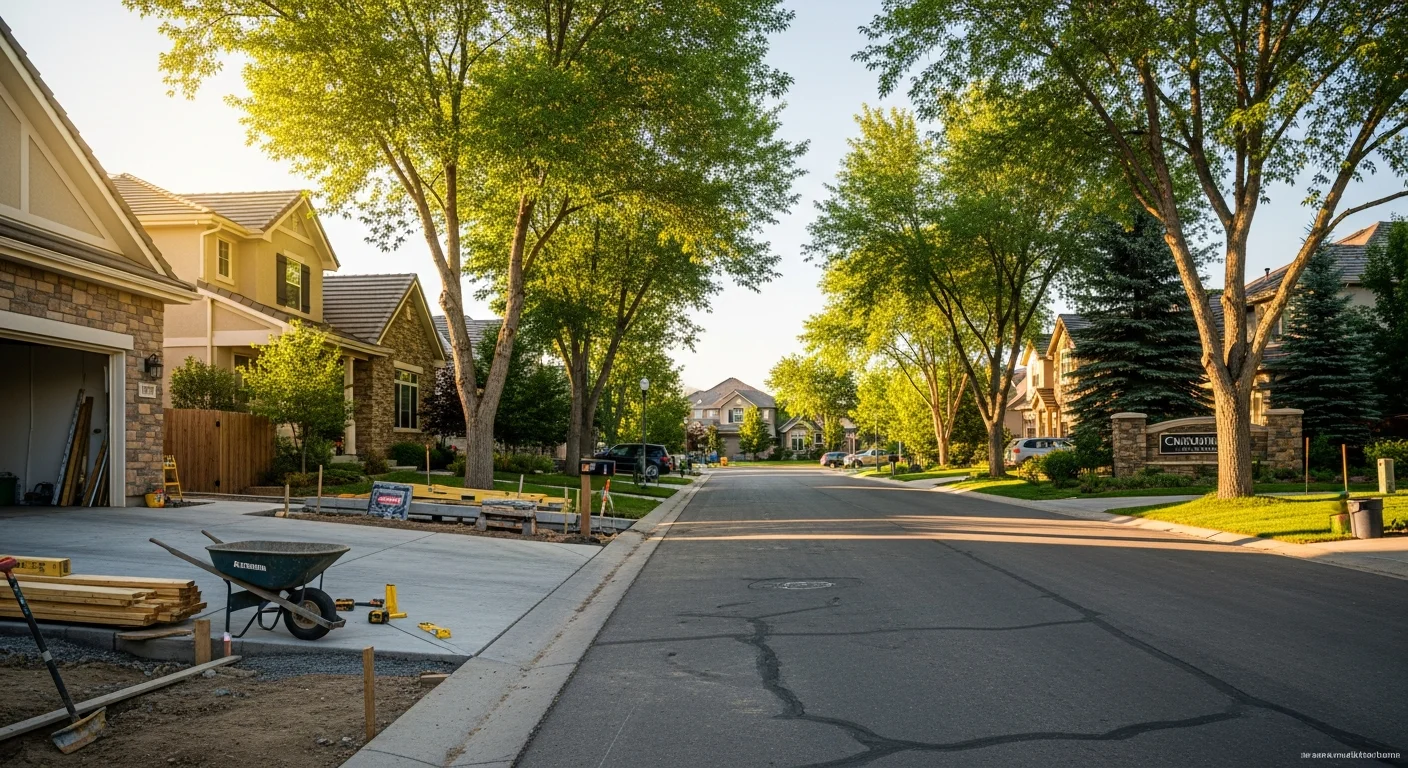 Highlands Ranch residential street with mature trees, well-maintained homes, and community signage.