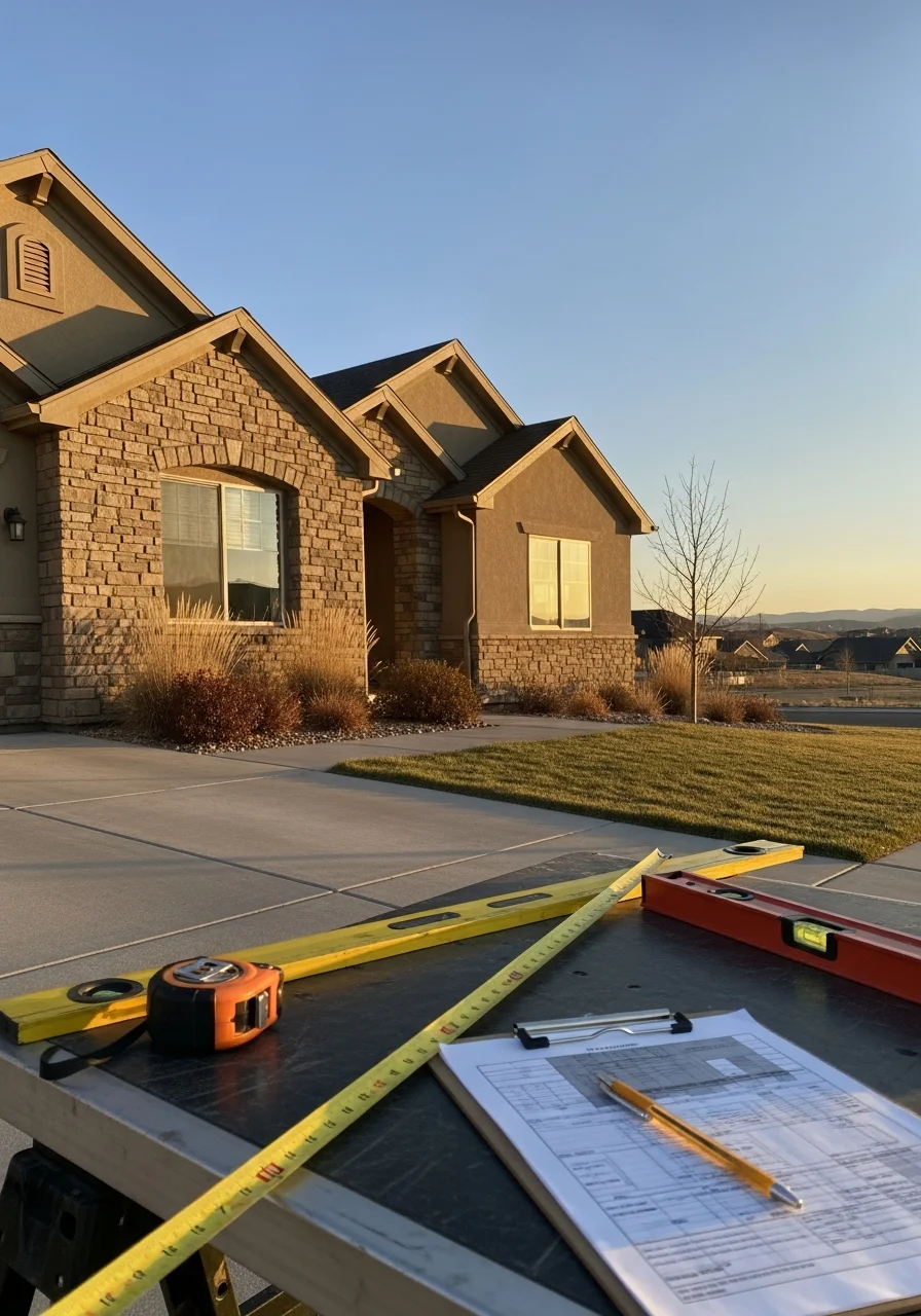 Parker homeowner meeting with service technician in front yard of residential property.