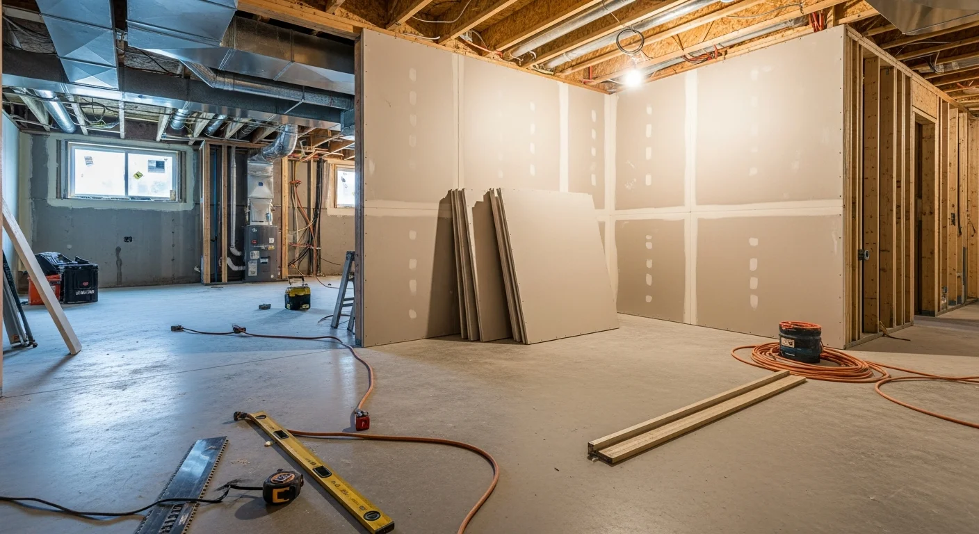 A finished basement in an Aurora, CO home showing a carpeted rec room with recessed lighting, framed drywall walls, and a built-in entertainment area. The space reflects a completed basement finishing project by a general contractor serving the Aurora area.
