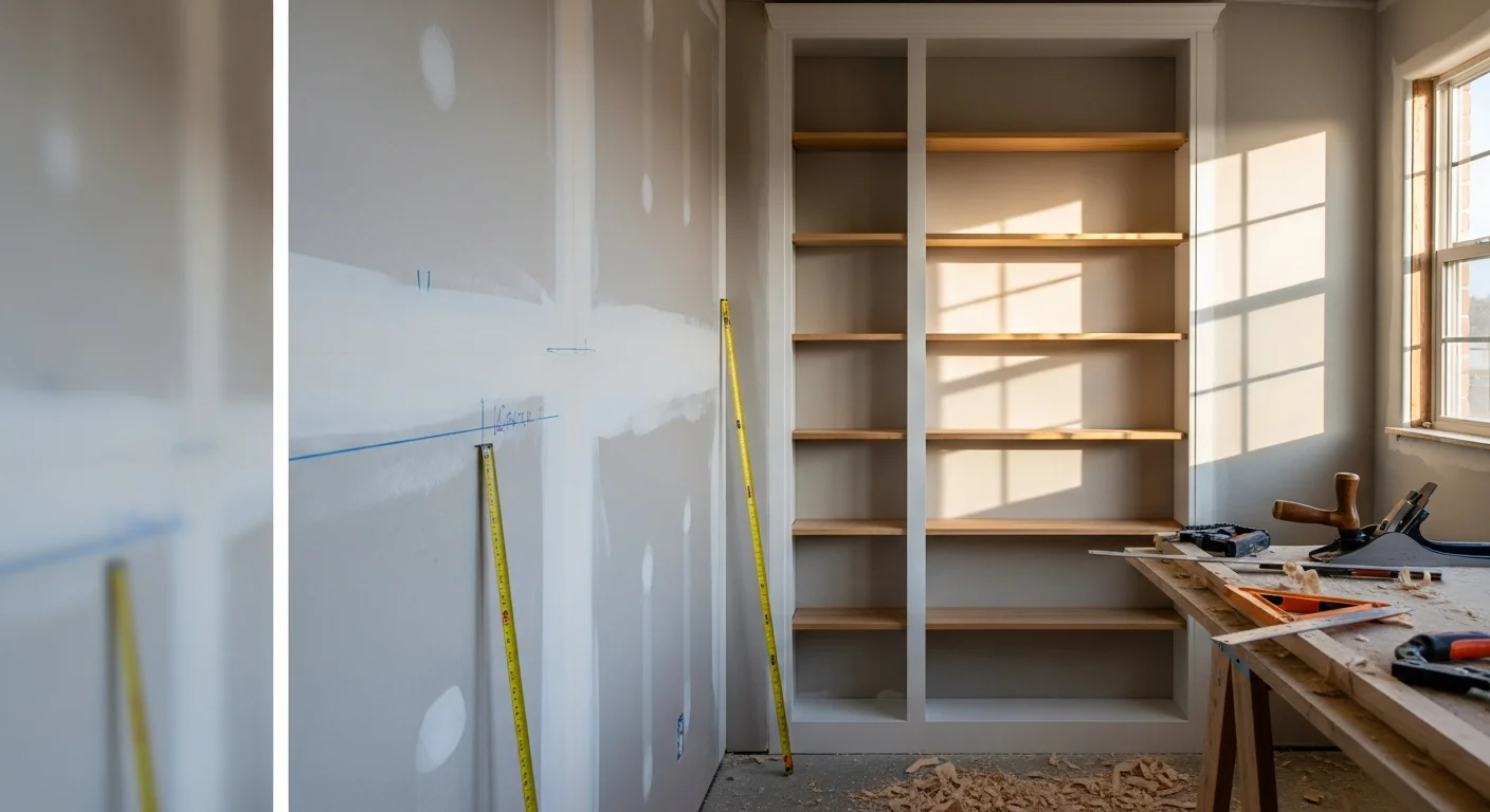 Custom built-in wood shelving and cabinetry installed floor-to-ceiling in an Aurora, CO home, with tight trim joints and a clean painted finish. The unit fills an alcove beside a fireplace in a residential living room.