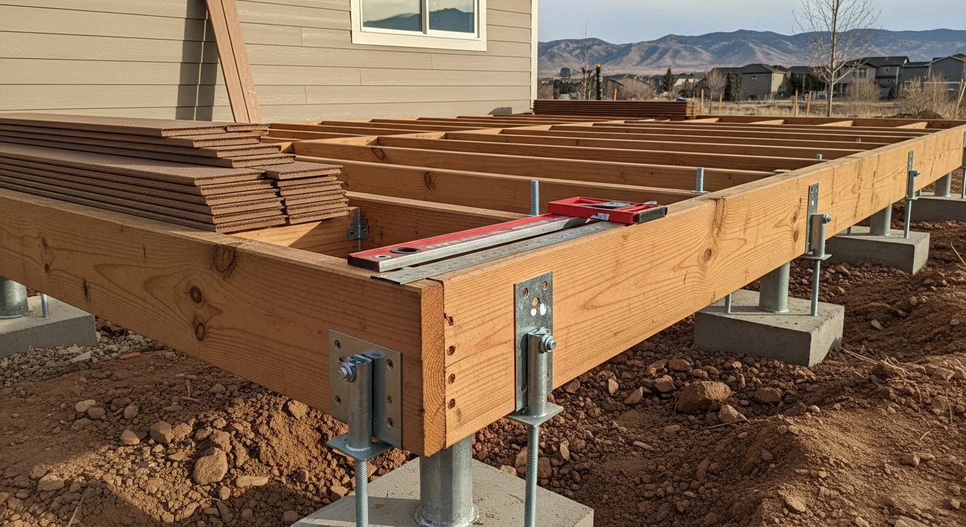 A newly constructed wood and composite deck attached to the back of a single-family home in Aurora, Colorado, with a railing system and stair access to the yard. The deck structure shows deep post footings and level framing built for Front Range weather conditions.