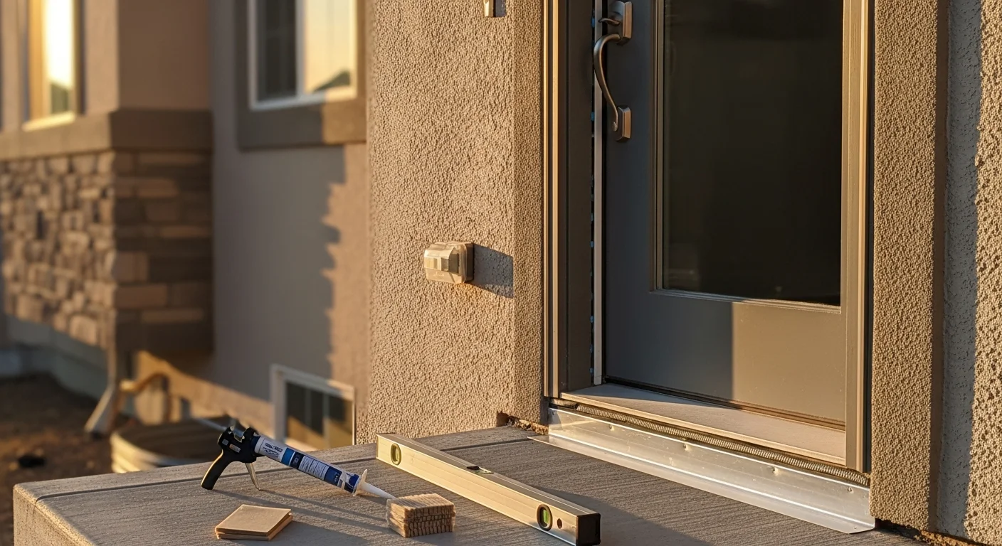 A newly installed exterior front door on an Aurora, Colorado home with a clean frame, tight weatherstripping, and a finished threshold. The door is set flush with the exterior siding, showing a completed NC Remodeling door installation.