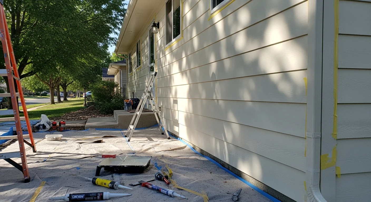 A freshly painted two-story home exterior in Aurora, CO with clean trim lines and smooth siding finish. The home shows no peeling or fading, with a neutral color consistent with local HOA standards.
