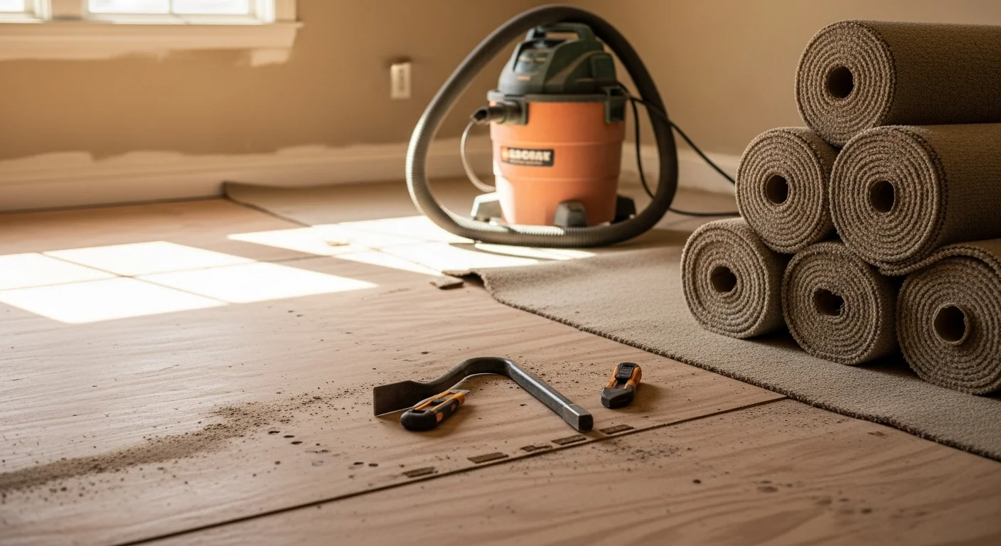 Old carpet and tack strips being removed from the floor of an Aurora, Colorado home, exposing the bare plywood subfloor underneath. A flooring contractor clears debris from the work area in preparation for new flooring installation.