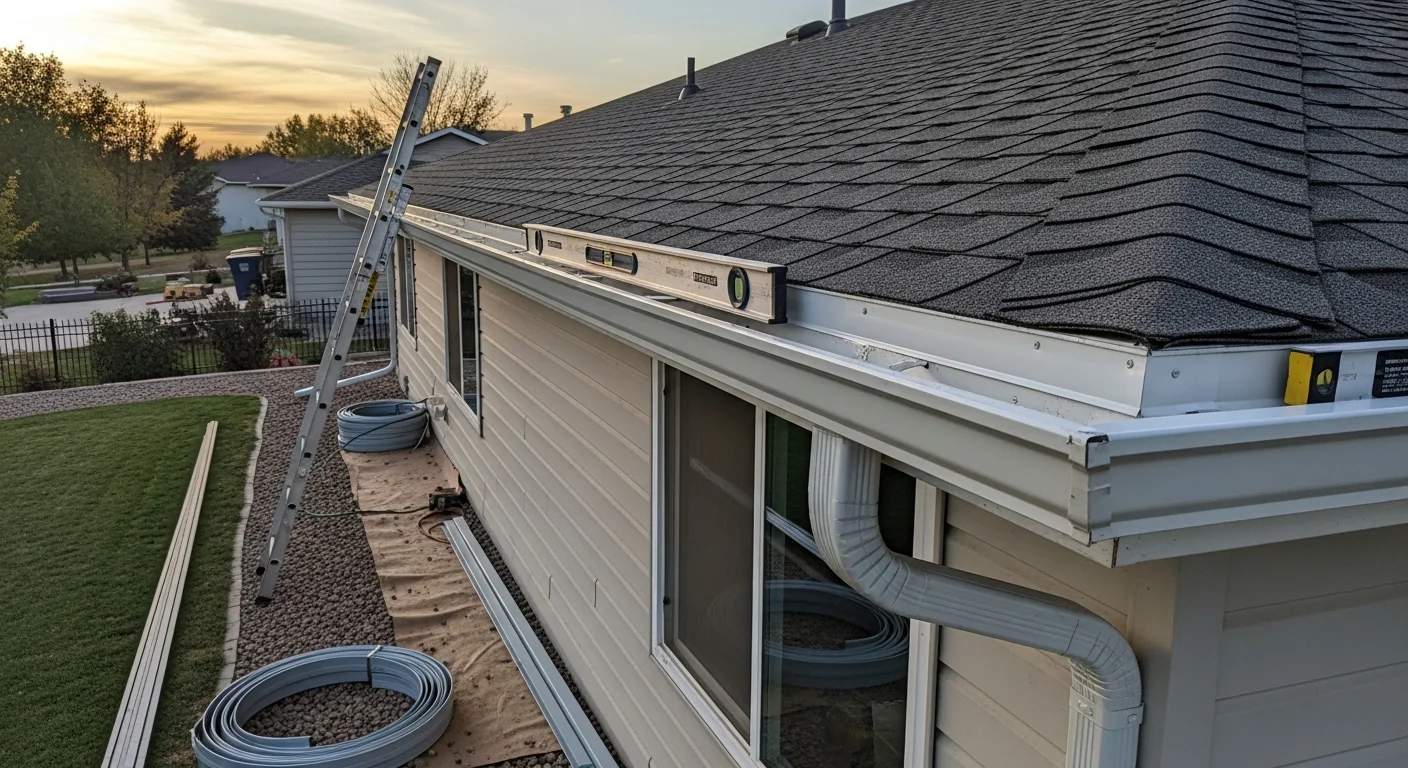 Newly installed seamless gutters running along the roofline of a two-story Aurora, Colorado home, with downspouts positioned to direct water away from the foundation. The exterior shows clean fascia boards and no signs of water staining or overflow damage.