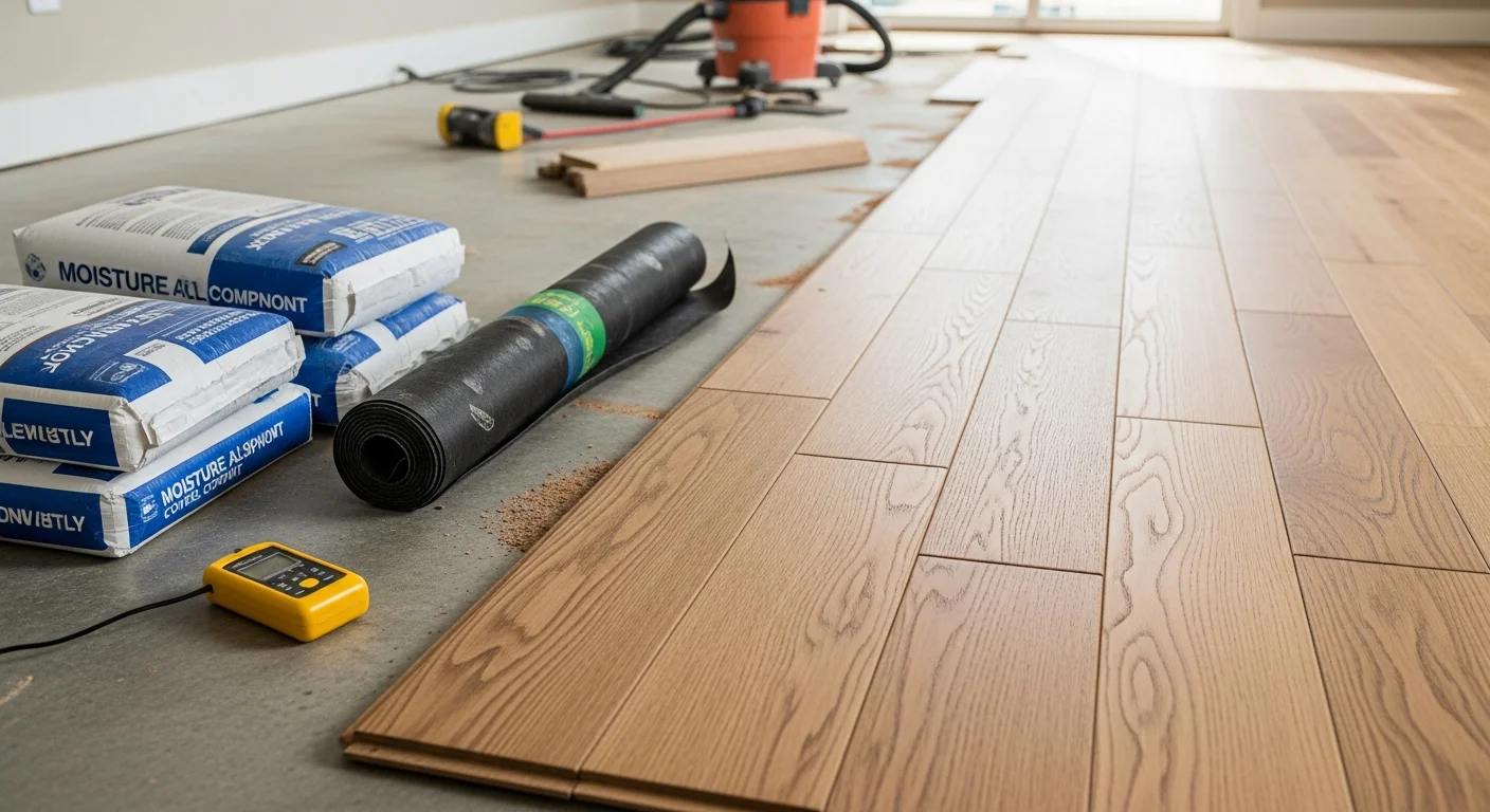 Freshly installed hardwood flooring in an Aurora, Colorado home with tight plank seams and a clean natural wood finish. The floor runs through an open main-level living area with visible subfloor-to-wall trim detail.