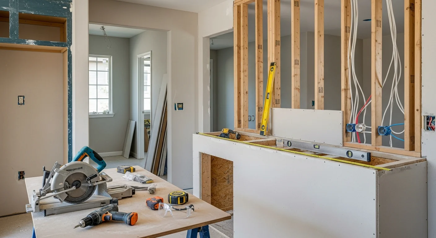 A renovated open-concept kitchen and living area inside an Aurora, Colorado home, showing new cabinetry, updated flooring, and reconfigured layout completed by NC Remodeling. The space reflects a full interior home renovation typical of Aurora residential remodeling projects.