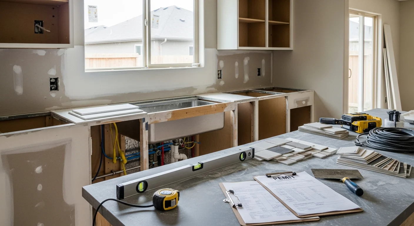 A remodeled kitchen in an Aurora, CO home featuring new cabinetry, updated countertops, and recessed lighting. The open layout connects the kitchen to the main living area.