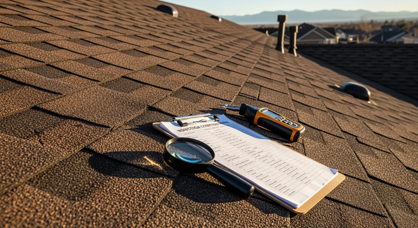 A roofing contractor from NC Remodeling inspecting shingles and flashing on a residential roof in Aurora, Colorado. Close-up view shows granule loss and hail impact marks on asphalt shingles under a clear Colorado sky.