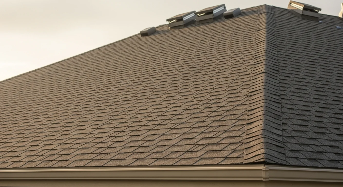 A newly installed residential roof on a single-family home in Aurora, Colorado, showing clean shingle lines, drip edge, and rake edging against a clear Front Range sky. The finished roof system reflects a full tear-off and code-compliant installation by NC Remodeling.