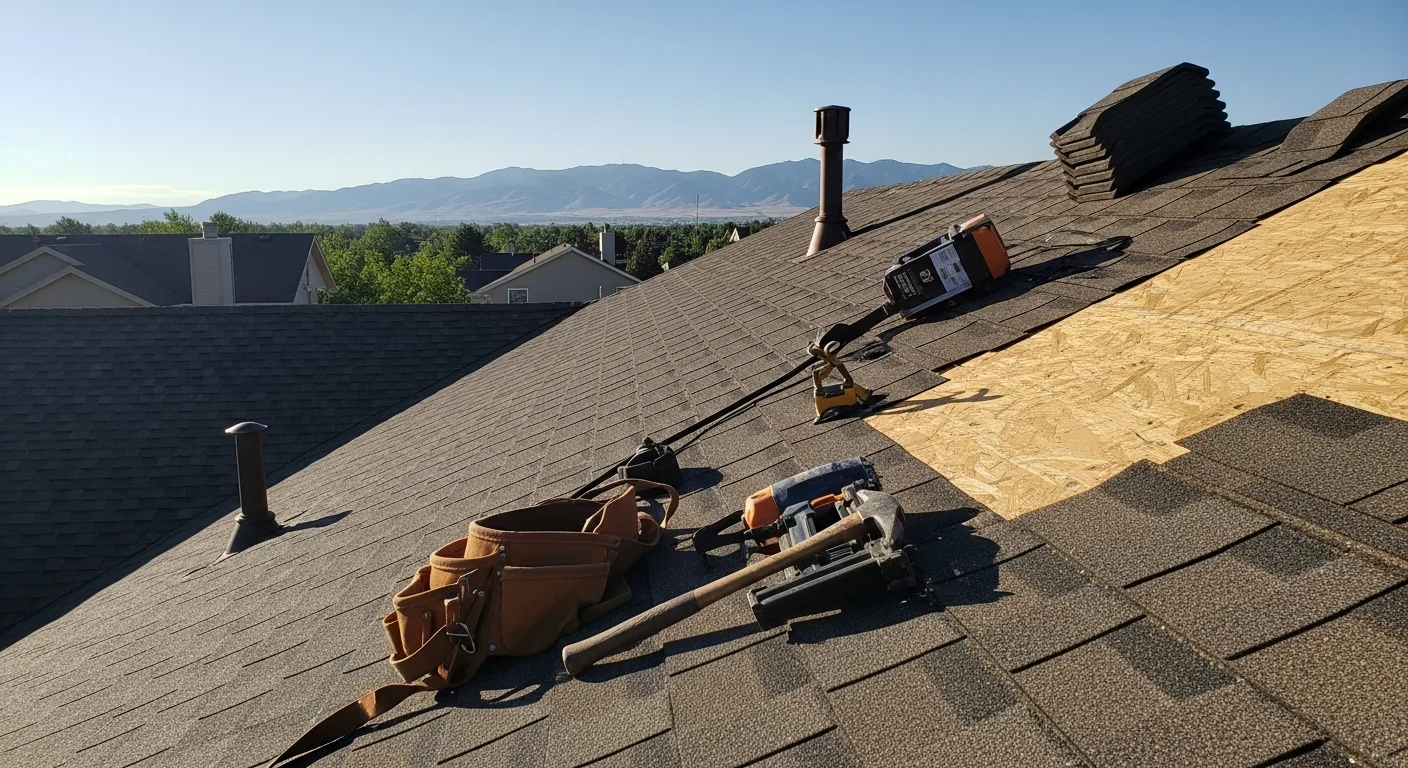 A roofing contractor from NC Remodeling repairing hail-damaged shingles on a residential home in Aurora, Colorado. Close-up view shows replaced shingles and sealed flashing on a pitched roof under clear Colorado skies.