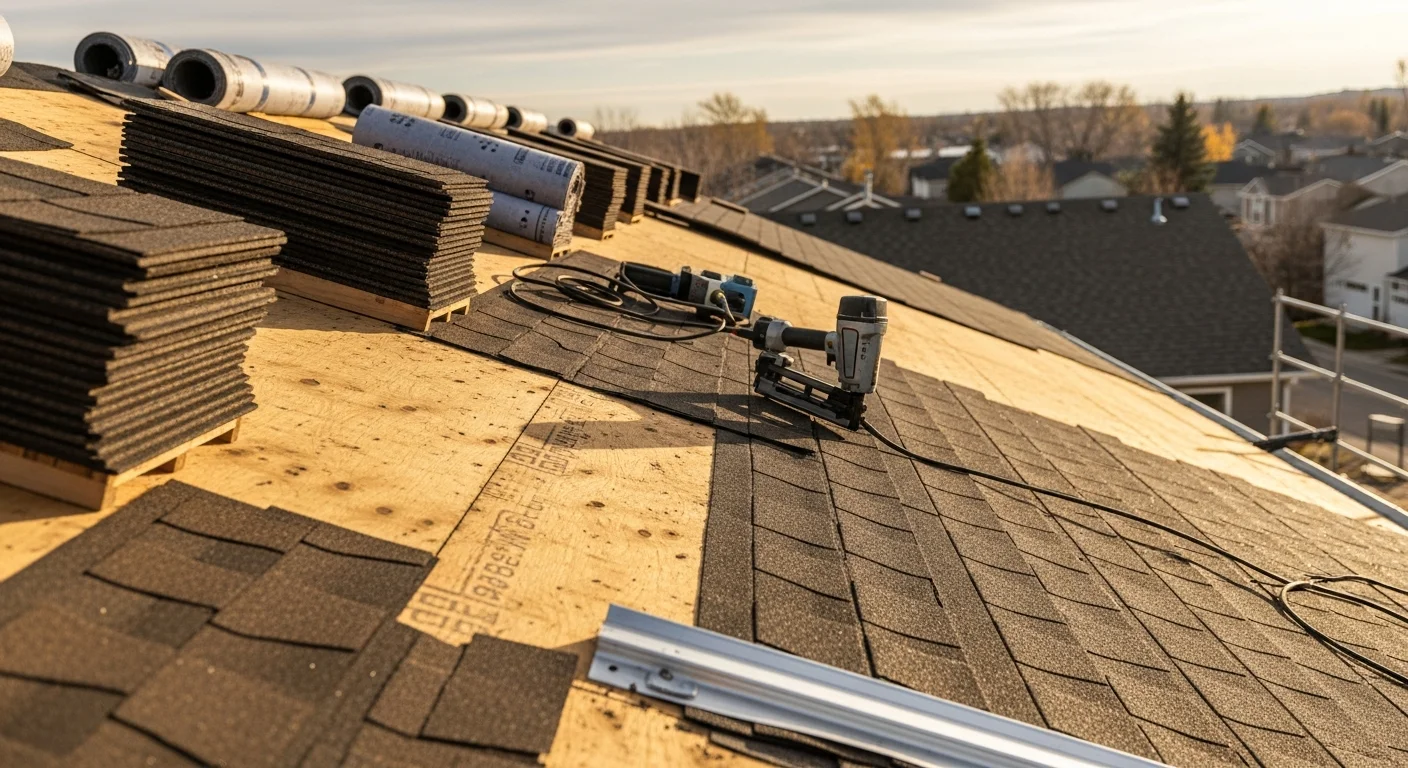 A completed residential roof replacement on a single-family home in Aurora, Colorado, showing new shingles installed across the full roofline. Clear sky visible in the background with a typical Aurora suburban streetscape.