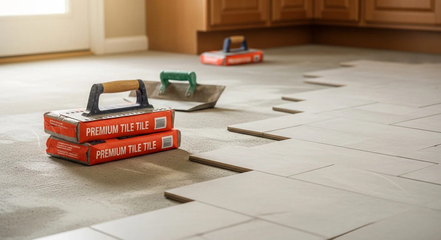 Freshly installed tile flooring in a kitchen of an Aurora, Colorado home, showing clean grout lines and a flat, even surface. NC Remodeling flooring contractor completed the installation including subfloor preparation.