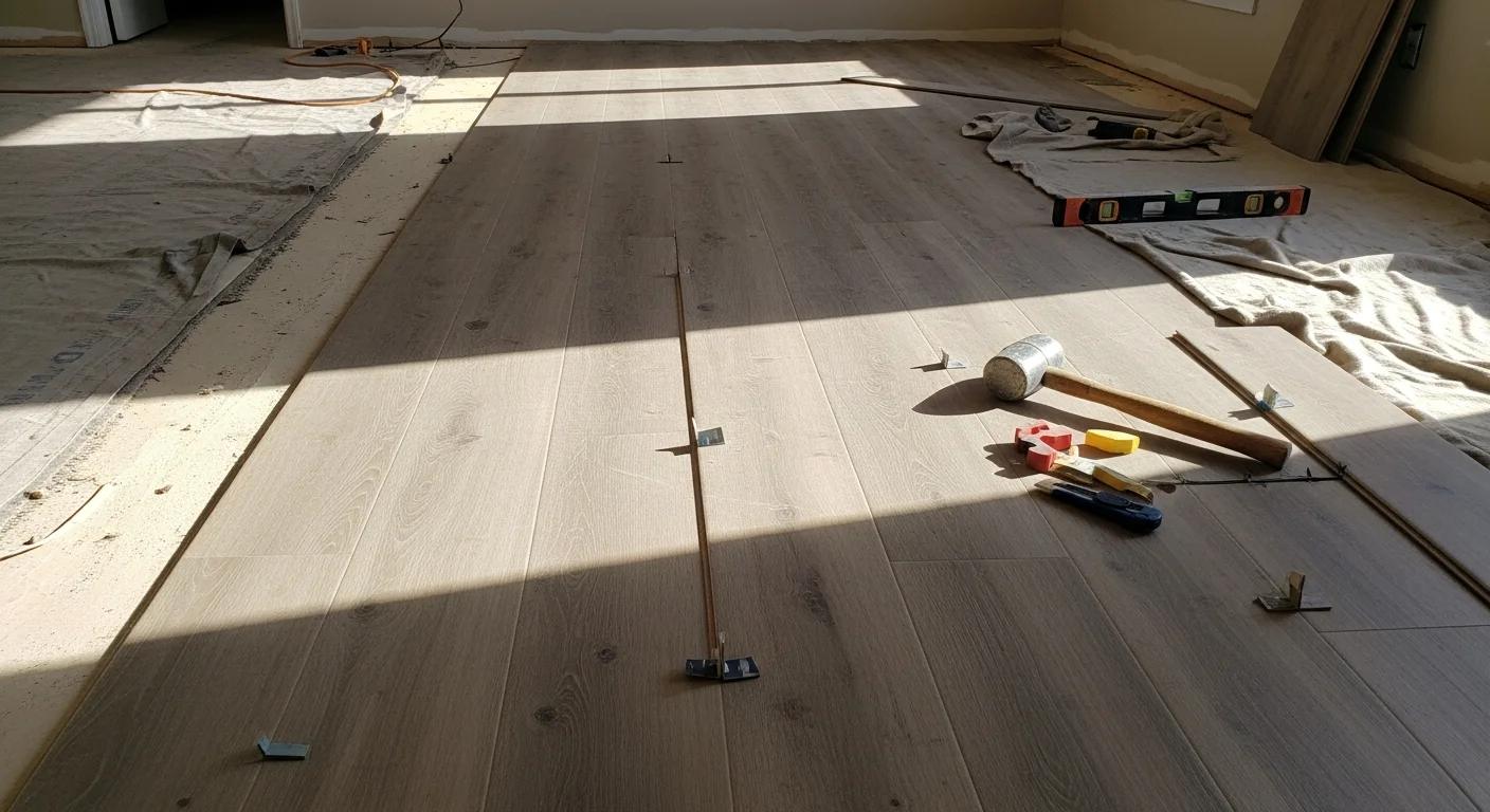 Freshly installed vinyl plank flooring in a residential living room in Aurora, CO, showing a wood-look finish with clean trim lines along the baseboards. The room reflects a typical Aurora ranch-style home interior with natural light across the new floor surface.